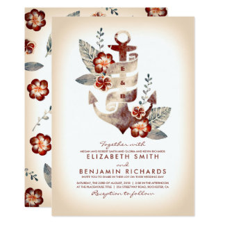 Burgundy and Champagne Nautical Beach Wedding Invitation