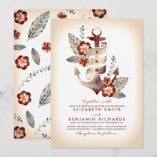 Burgundy and Champagne Nautical Beach Wedding Invitation