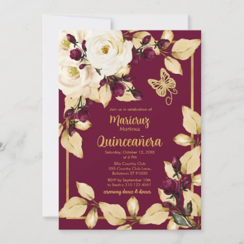 Burgundy and Champagne Roses Gold Leaves Butterfly Invitation