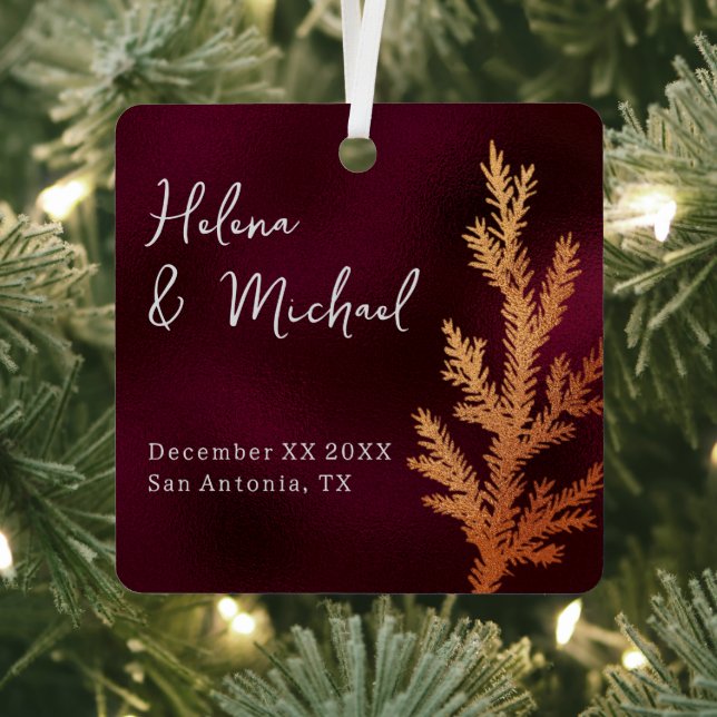 Burgundy and Copper Winter Wedding Pine Branch Metal Ornament (Insitu)