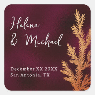 Burgundy and Copper Winter Wedding Pine Branch Square Sticker