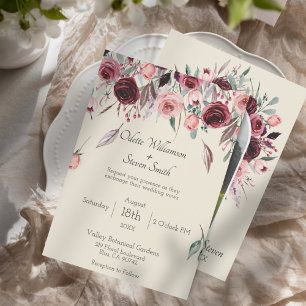 Burgundy and Cream Floral Custom Photo Wedding Invitation