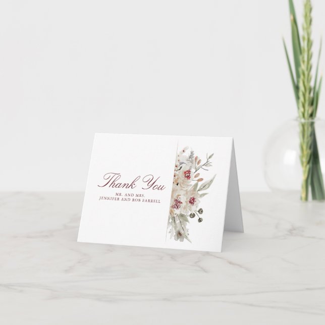 Burgundy and Cream Flowers Wedding Thank You Card (Front)