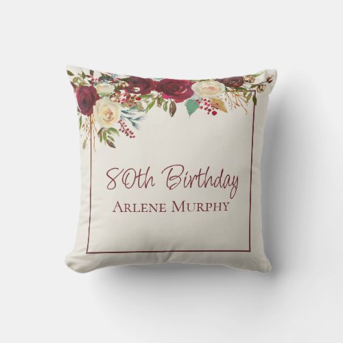 Burgundy and Cream Rose 80th Birthday Throw Pillow