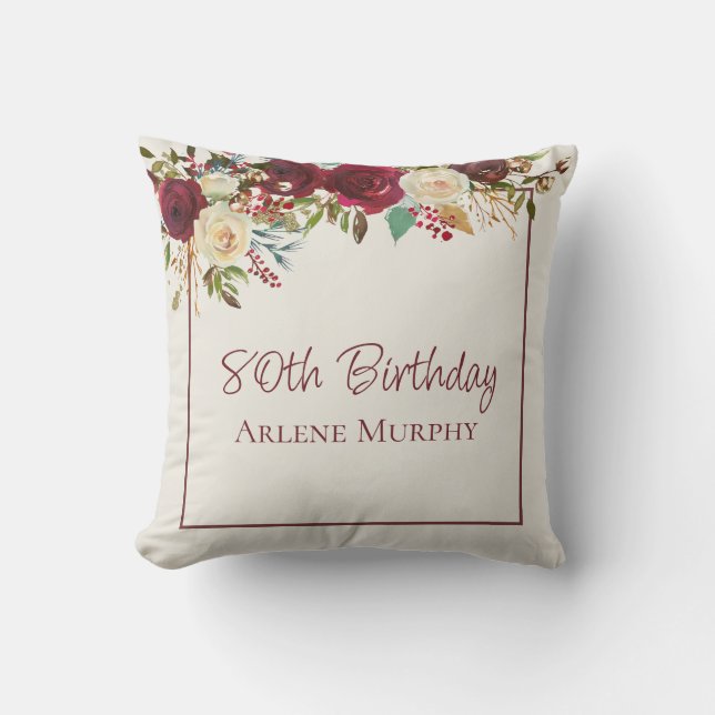 Burgundy and Cream Rose 80th Birthday Throw Pillow (Front)