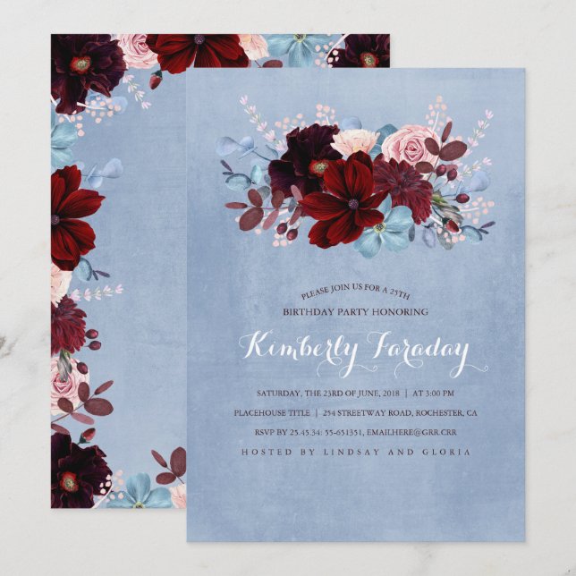 Burgundy and Dusty Blue Floral Birthday Party Invitation (Front/Back)