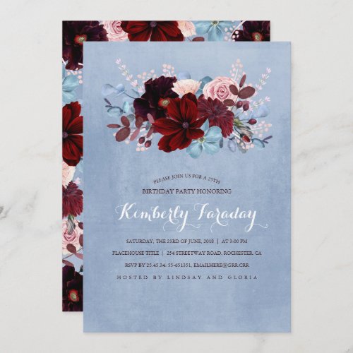 Burgundy and Dusty Blue Floral Birthday Party Invitation