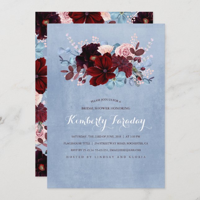 Burgundy and Dusty Blue Floral Bridal Shower Invitation (Front/Back)