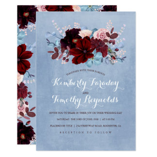 Burgundy and Dusty Blue Floral Elegant Wedding Card