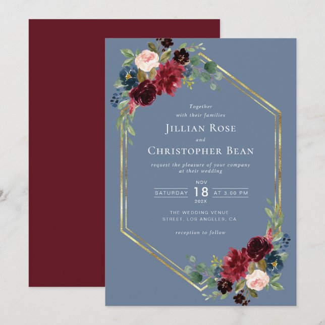 burgundy and dusty blue floral geometric wedding invitation (Front/Back)