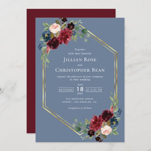 burgundy and dusty blue floral geometric wedding invitation
