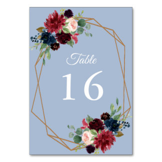 burgundy and dusty blue floral geometric wedding table number
