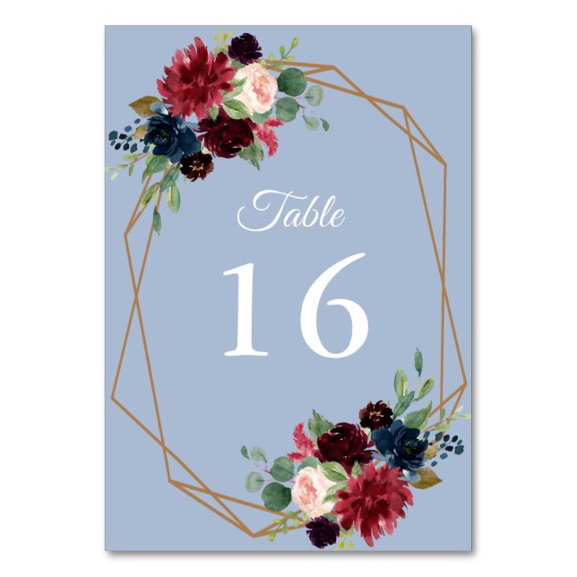 burgundy and dusty blue floral geometric wedding table number (Front)