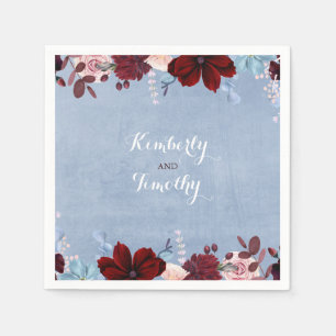 Burgundy and Dusty Blue Floral Watercolors Paper Napkins