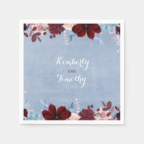 Burgundy and Dusty Blue Floral Watercolors Paper Napkins