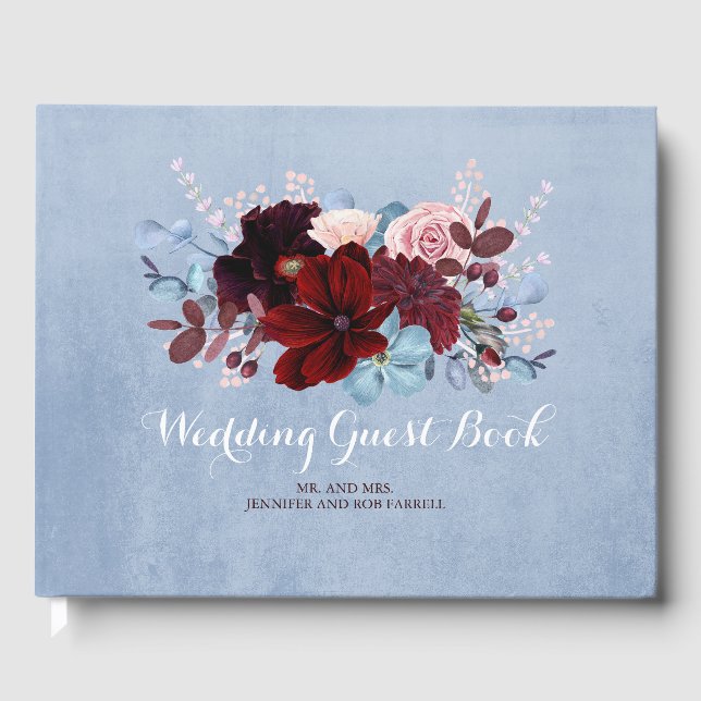 Burgundy and Dusty Blue Floral Wedding Guest Book (Front)