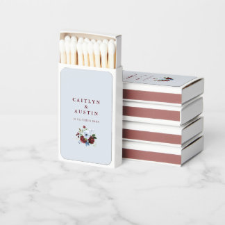 burgundy and dusty blue floral wedding matchboxes