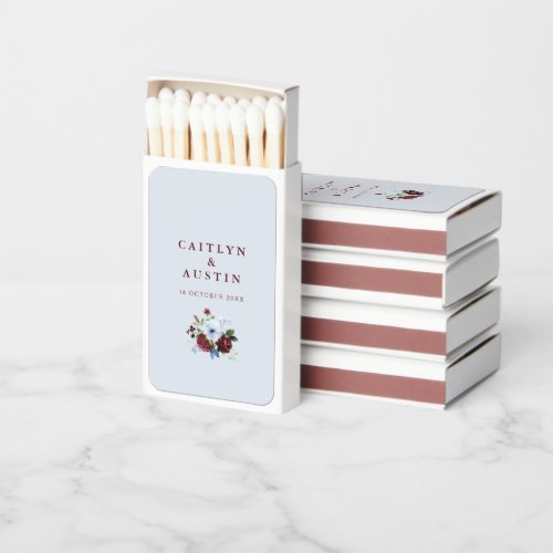 burgundy and dusty blue floral wedding matchboxes