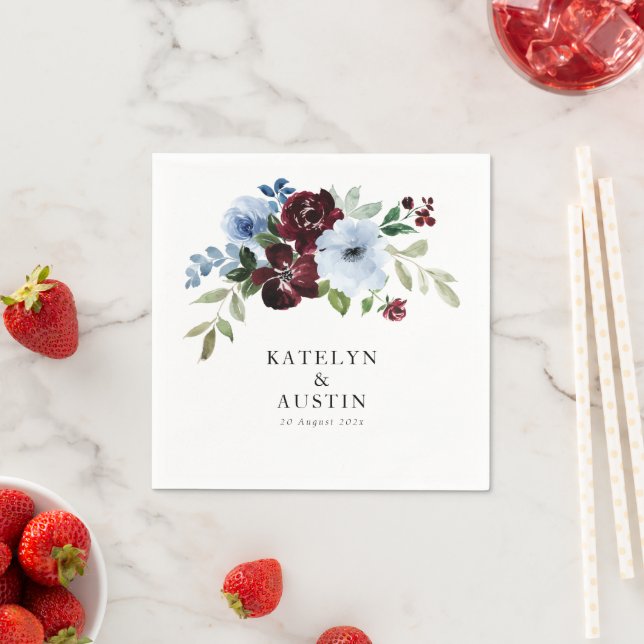 burgundy and dusty blue floral wedding napkins (Insitu)