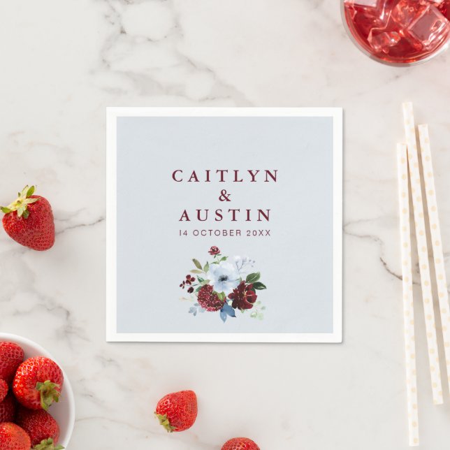 burgundy and dusty blue floral wedding napkins (Insitu)