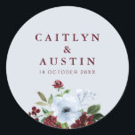burgundy and dusty blue floral wedding sticker<br><div class="desc">A simple design with a blue background color and watercolor burgundy and dusty blue flowers. The text details and colors can be edited.</div>