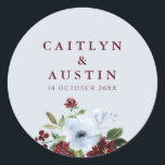 burgundy and dusty blue floral wedding sticker<br><div class="desc">A simple design with a blue background color and watercolor burgundy and dusty blue flowers. The text details and colors can be edited.</div>