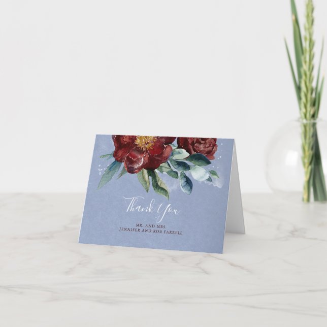 Burgundy and Dusty Blue Floral Wedding Thank You Card (Front)