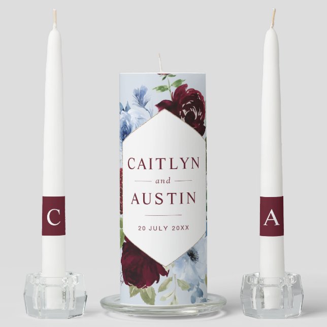 burgundy and dusty blue floral wedding unity candle set (Front)