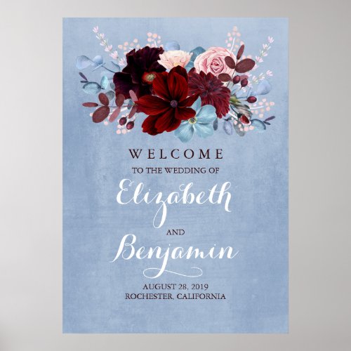Burgundy and Dusty Blue Wedding Welcome Sign