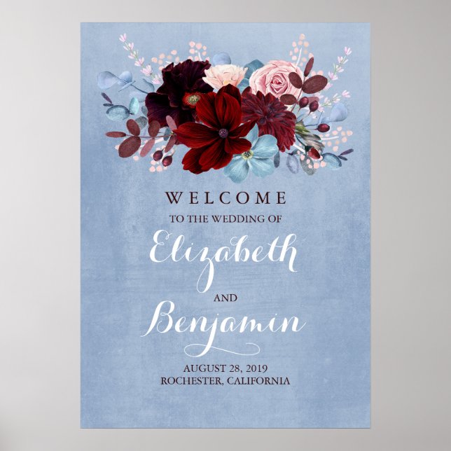 Burgundy and Dusty Blue Wedding Welcome Sign (Front)