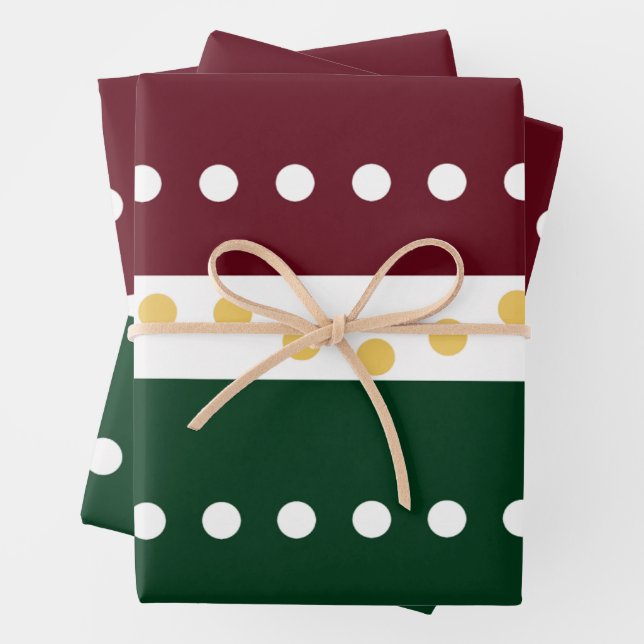 Burgundy and Emerald Golden Polka Dots Christmas  Wrapping Paper Sheets (In situ)