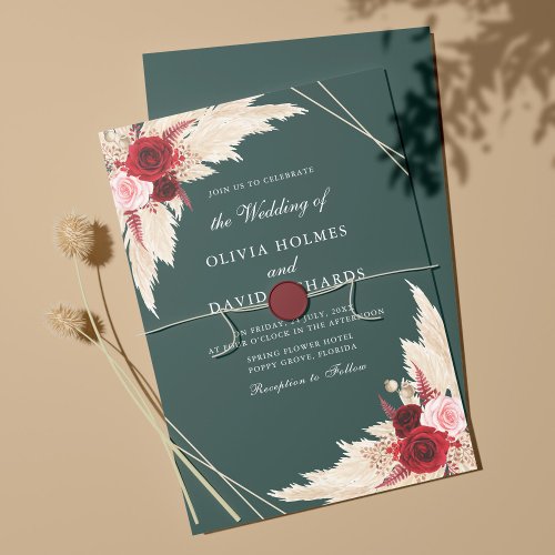 Burgundy and Emerald Green Wedding Invitation