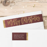 Burgundy and Faux Foil Christmas Return Address Wrap Around Label<br><div class="desc">Custom printed wraparound return address labels to coordinate with our Merriest holiday collection. This elegant design features a burgundy watercolor background with hand-lettered script Merry Christmas typography with faux gold foil accents. Personalize it with your name and return address or other custom text. Use the design tools to change the...</div>