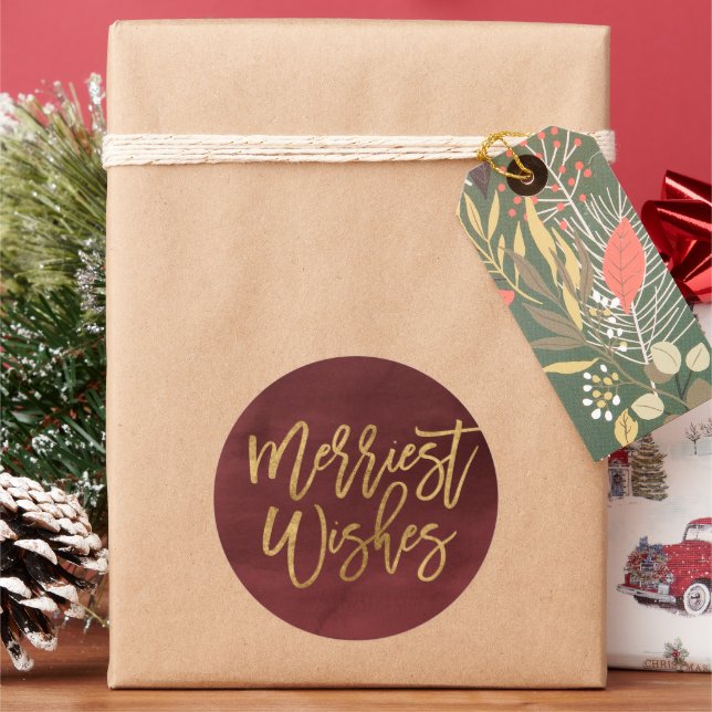 Burgundy and Faux Foil Merriest Wishes Classic Round Sticker (Holiday)