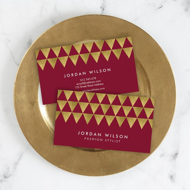 Burgundy and Faux Gold Triangle Modern Geometric Business Card (Creator Uploaded)