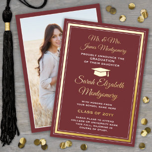 Burgundy and Foil Photo Graduation Announcement
