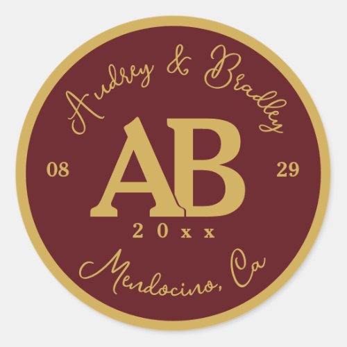 Burgundy and Gold 2 Letter Monogram Wedding Classic Round Sticker