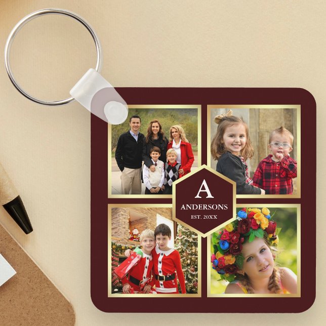 Burgundy and Gold 4 Pictures Family Photo Collage Keychain (Creator Uploaded)