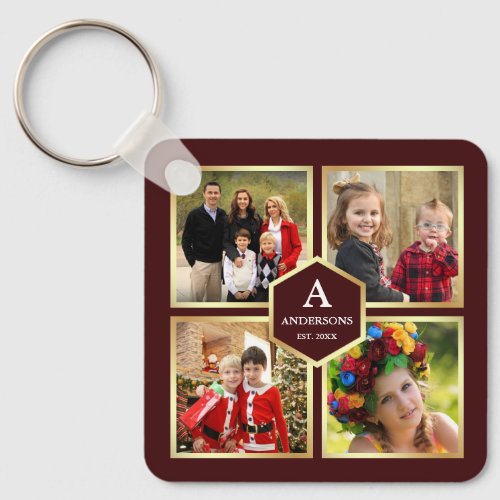 Burgundy and Gold 4 Pictures Family Photo Collage Keychain