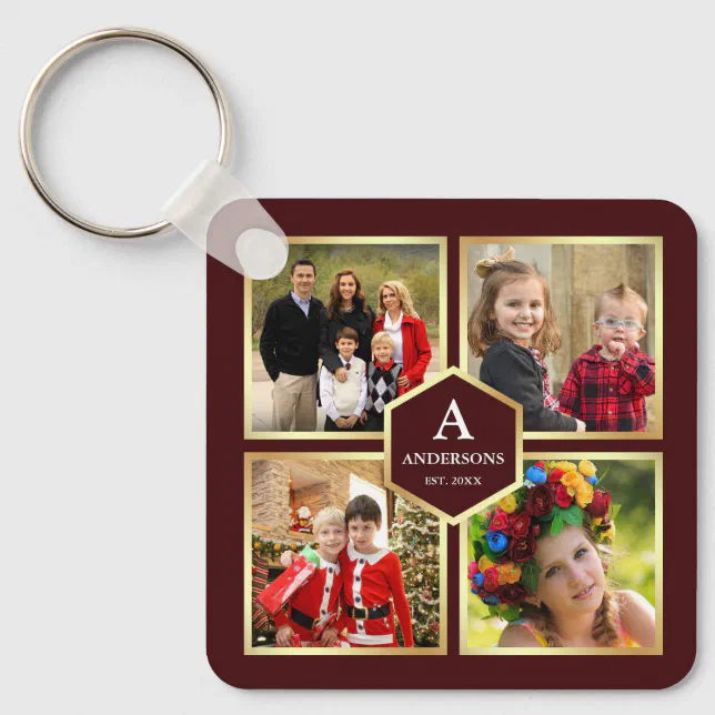 Burgundy and Gold 4 Pictures Family Photo Collage Keychain | Zazzle