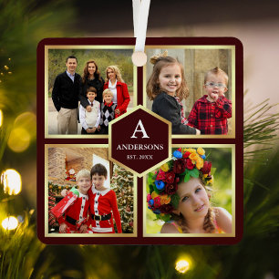 Burgundy and Gold 4 Pictures Family Photo Collage Metal Ornament