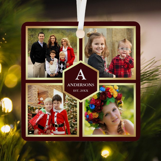 Burgundy and Gold 4 Pictures Family Photo Collage Metal Ornament (Creator Uploaded)