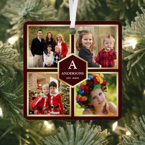 Burgundy and Gold 4 Pictures Family Photo Collage Metal Ornament