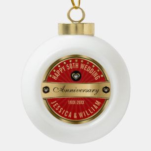 Burgundy And Gold 50 Wedding Anniversary Ceramic Ball Christmas Ornament