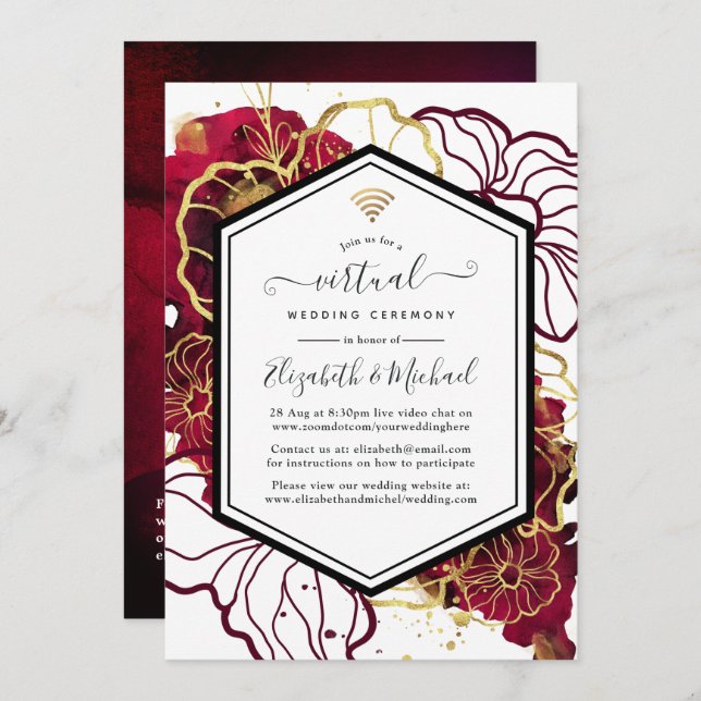 Burgundy and Gold Abstract Floral Virtual Wedding Invitation (Front/Back)
