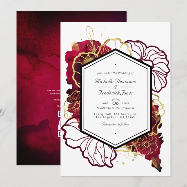 Burgundy and Gold Abstract Floral Wedding Invitation (Front/Back)