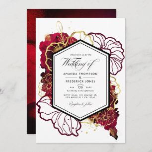 Burgundy and Gold Abstract Floral Wedding Photo Invitation
