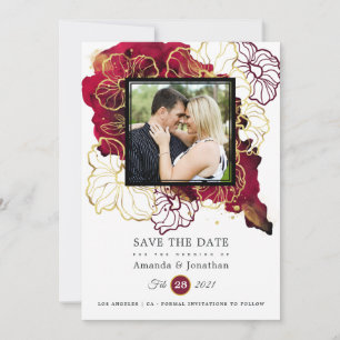 Burgundy and Gold Abstract Floral Wedding Photo Save The Date