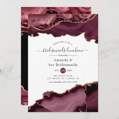 Burgundy and Gold Agate Bridesmaids Luncheon Invitation