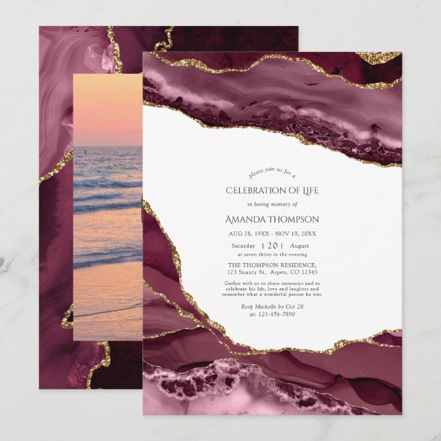 Burgundy and Gold Agate Celebration of Life Invitation (Front/Back)